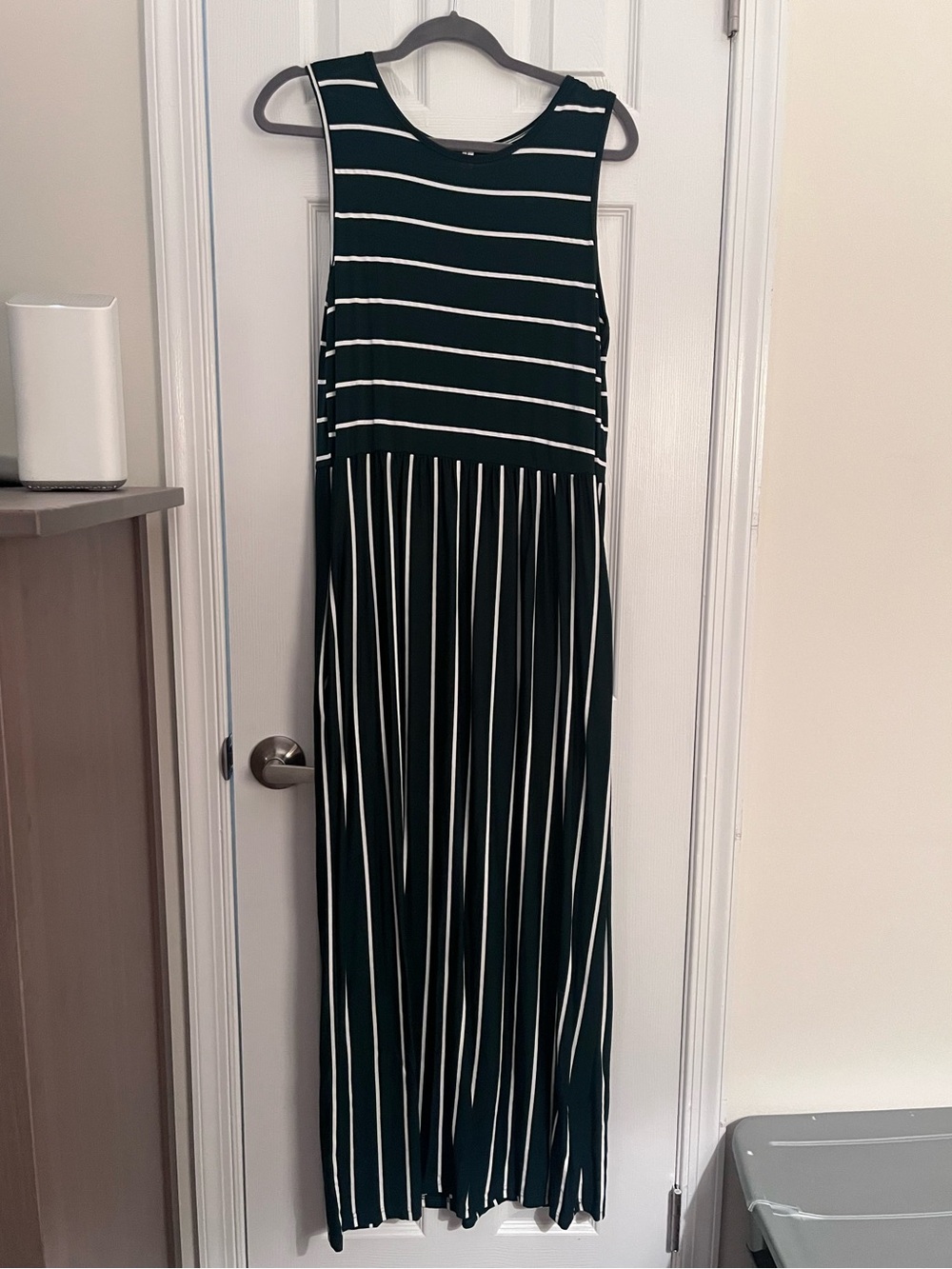 Striped Sleeveless Maxi Dress in Dark Green and White